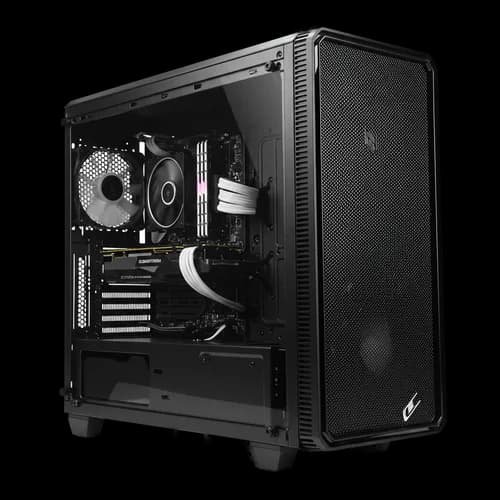 Black gaming computer tower case with glass side panel