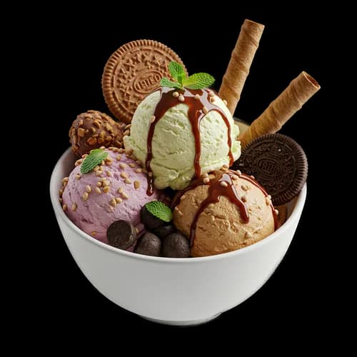 Delicious ice cream scoops in a bowl with chocolate topping
