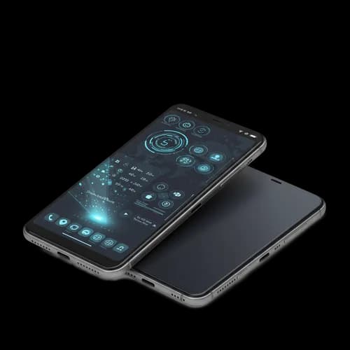 Two modern black smartphones with glowing blue digital screen