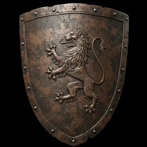 Old rustic metal shield with a lion emblem