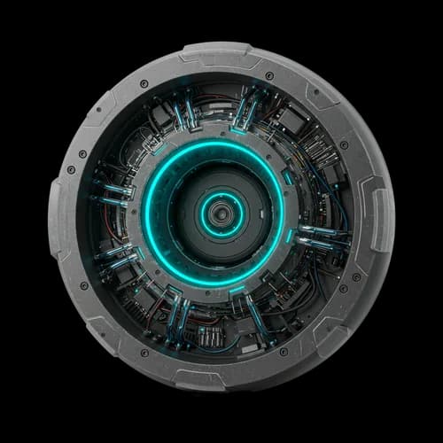 Futuristic circular mechanical device with glowing blue light