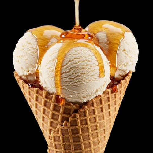 Palline di gelato alla vaniglia in cono waffle con sciroppo al miele – download