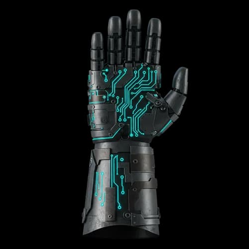 Futuristic robotic hand with glowing blue circuit lines