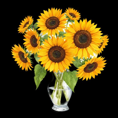 Beautiful bouquet of bright sunflowers in a glass vase