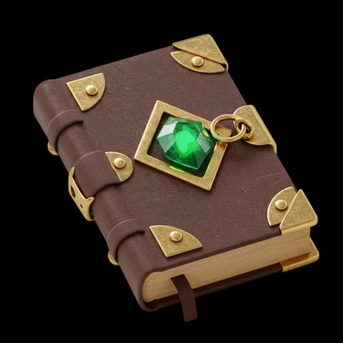 Old brown leather book with golden corners and green gem