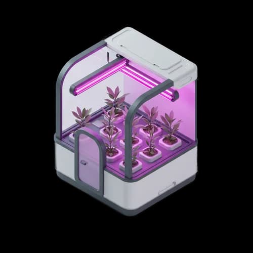 Small indoor hydroponic greenhouse with purple grow lights