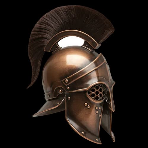 Ancient bronze gladiator helmet with black crest