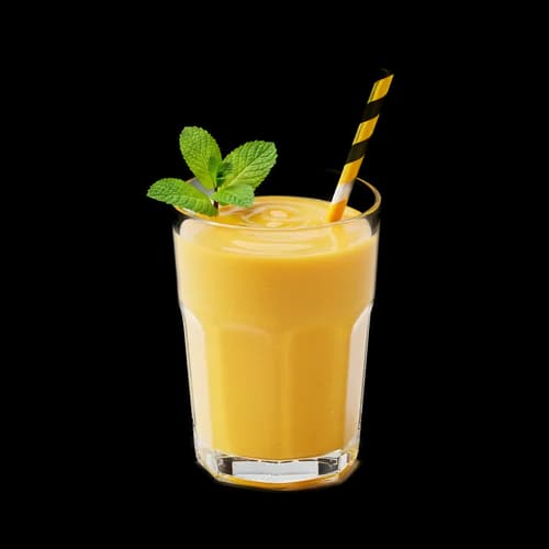 Fresh mango smoothie in a glass with mint and a straw