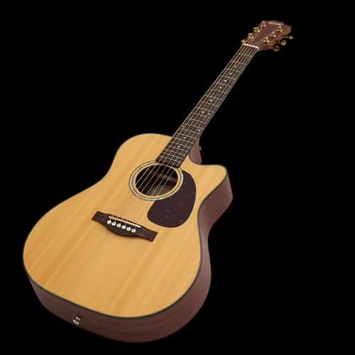 Acoustic guitar with wooden body and steel strings
