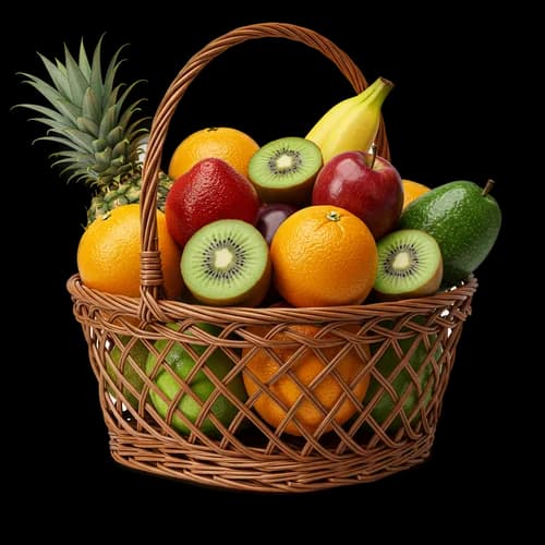 Fresh assorted fruits in a rustic woven wicker basket