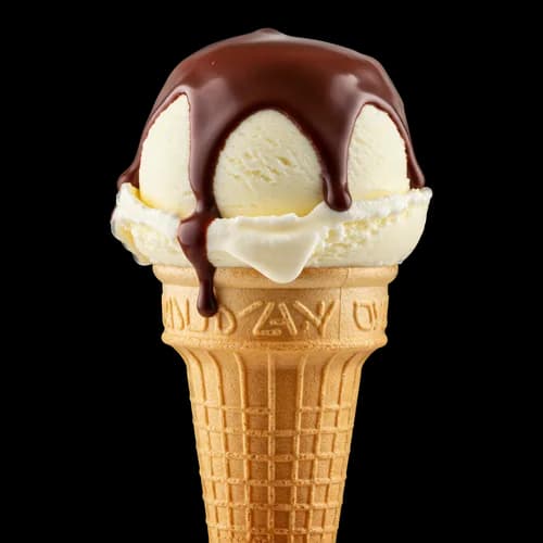 Vanilla ice cream scoop with chocolate sauce in a waffle cone