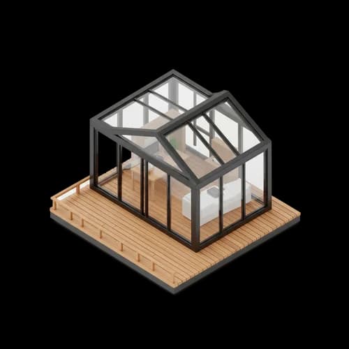 Isometric glass greenhouse on a wooden deck
