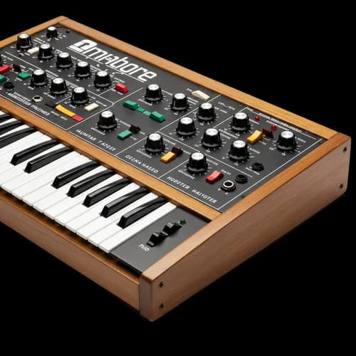 Vintage analog synthesizer with wooden frame and black keys