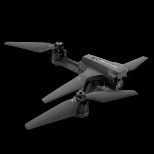 Modern black drone quadcopter flying in the air