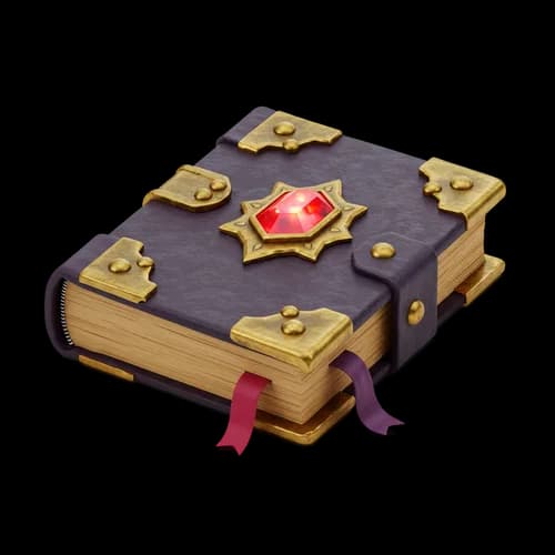 Old magic spell book with golden corners and a red jewel