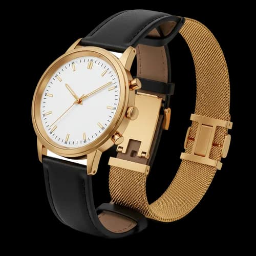 Orologio d'Oro Elegante con Cinturino in Pelle Nera per Uomo PNG