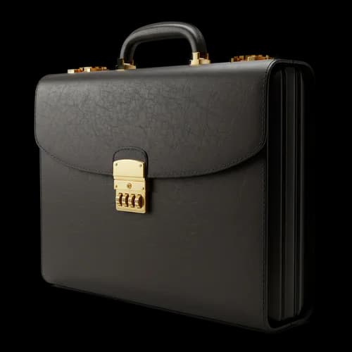 Black leather business briefcase with gold metal lock