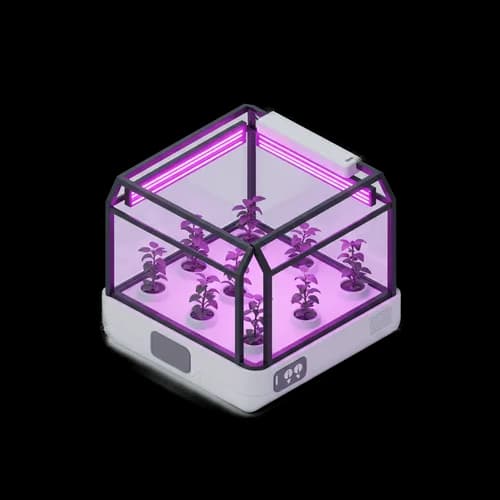 Isometric indoor vertical farming unit with purple led lights
