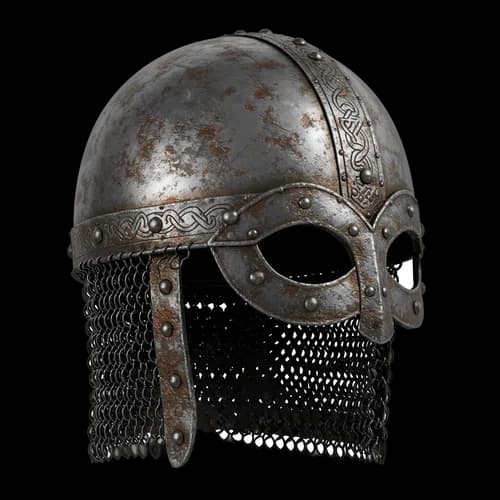 Old rusty metal viking helmet with chainmail armor