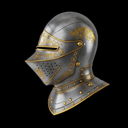 Old medieval knight helmet with gold and steel armor