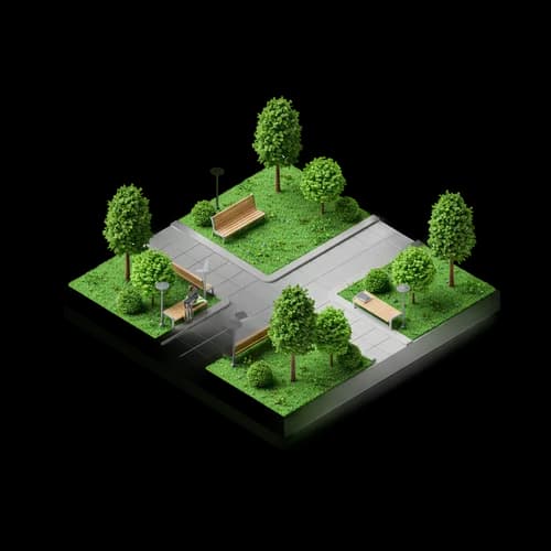 Isometric city park section with trees and benches