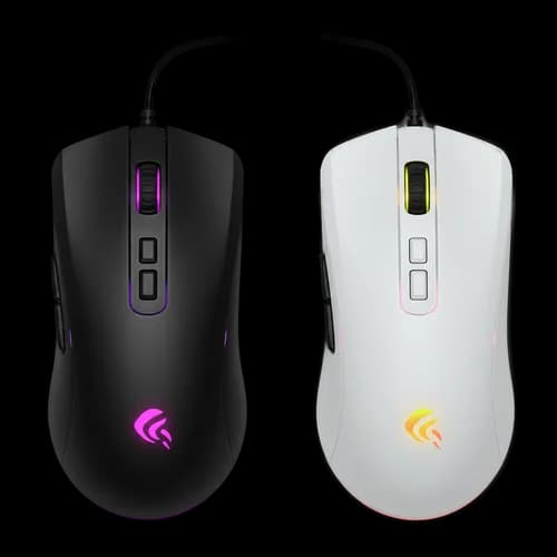 Black and white wired gaming mice with neon lights