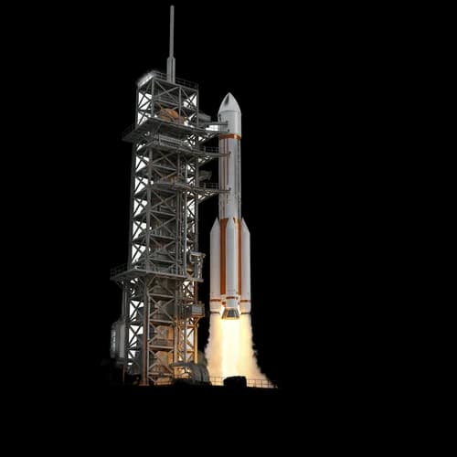 Space rocket launching from a tall metal launch pad tower