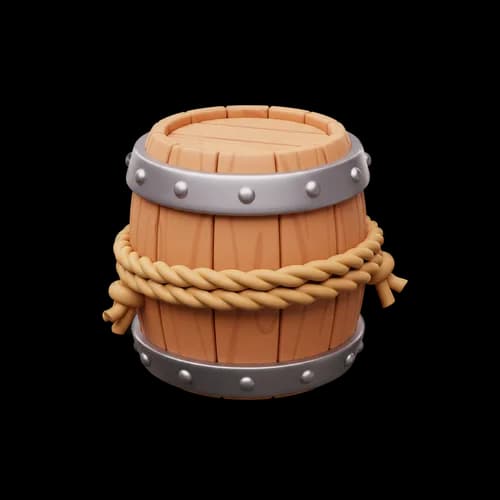 Wooden barrel with metal rings and rope