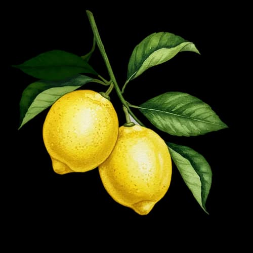 Two fresh yellow lemons with green leaves on a branch