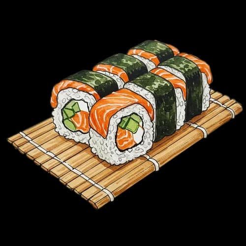 Fresh salmon sushi rolls served on a wooden bamboo mat