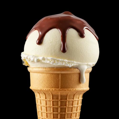 Vanilla ice cream scoop in a waffle cone with chocolate sauce