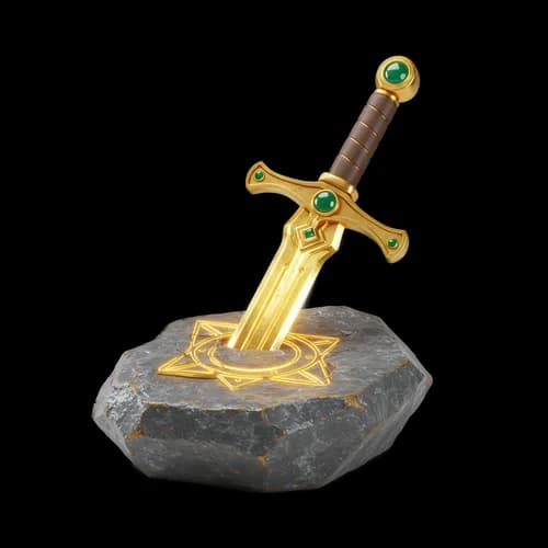 Golden royal sword stuck in a gray stone rock