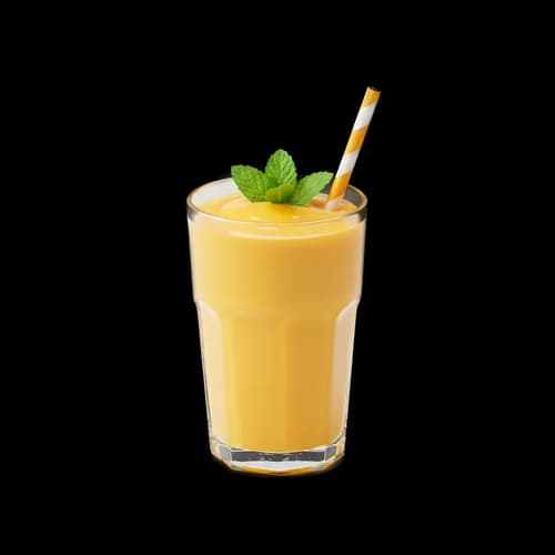 Fresh mango smoothie in a glass with mint and a straw