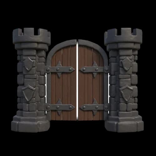 Old stone castle gate with wooden doors and towers