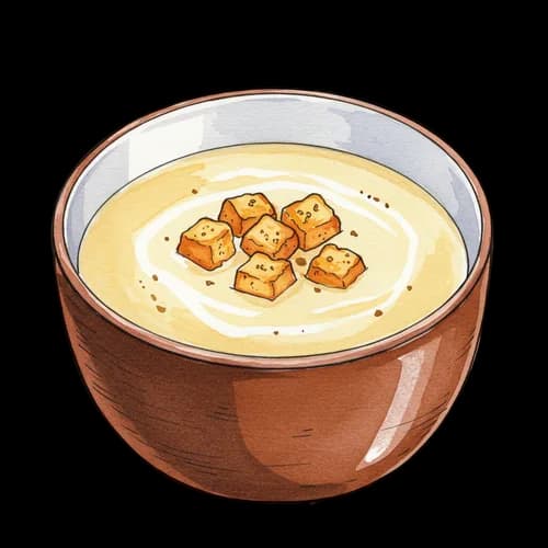 Creamy soup in a ceramic bowl with crispy bread croutons