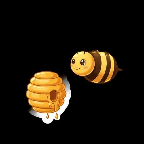 Cute cartoon bee flying near a golden beehive