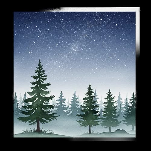 Pine trees in a forest under a starry night sky