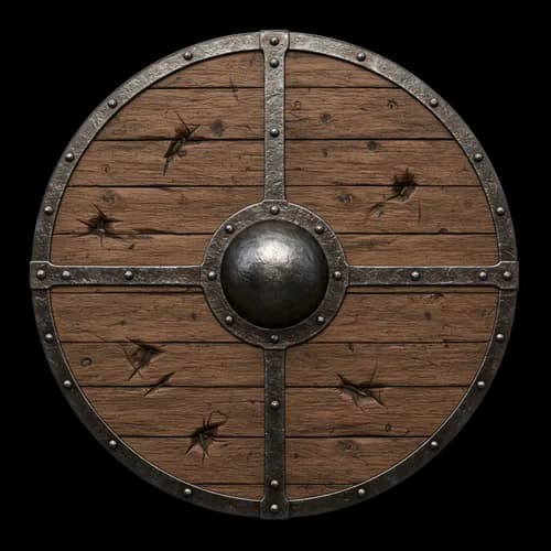 Old round wooden viking shield with metal iron border