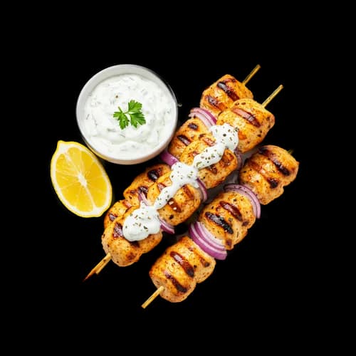 Grilled Greek Souvlaki Chicken Skewers Tzatziki Sauce Transparent JPG Image