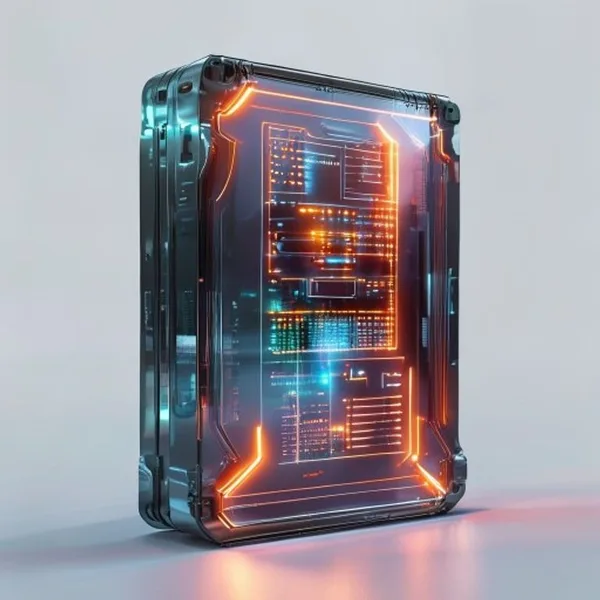 Hyper-Realistic 3D Asset Of A Glowing Sci-Fi Data Storage Drive, Transparent Cas