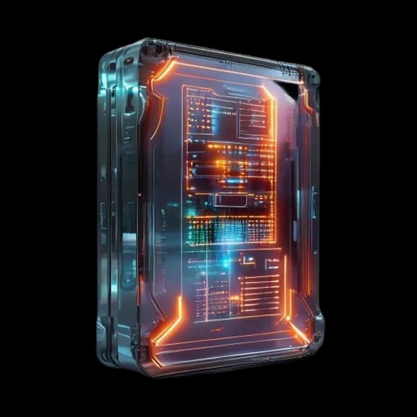 Hyper-Realistic 3D Asset Of A Glowing Sci-Fi Data Storage Drive, Transparent Cas