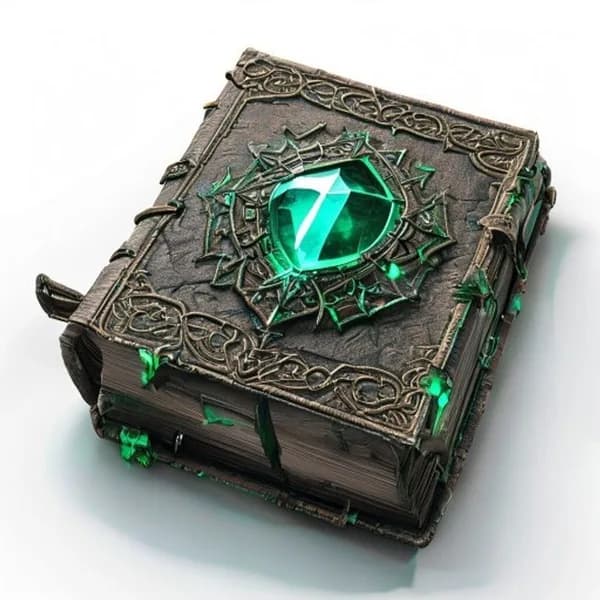 Hyper-Realistic 3D Asset Of An Enchanted Ancient Fantasy Spellbook, Glowing Emer
