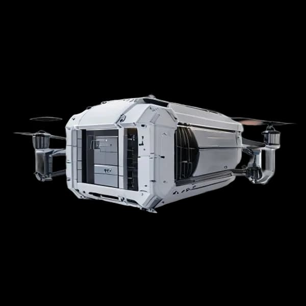 Hyper-Realistic 3D Render Of A Futuristic Modular Drone Shipping Container, Slee