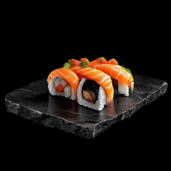 Hyper-Realistic 3D Render Of A Gourmet Sushi Roll Set On A Black Slate Platter,