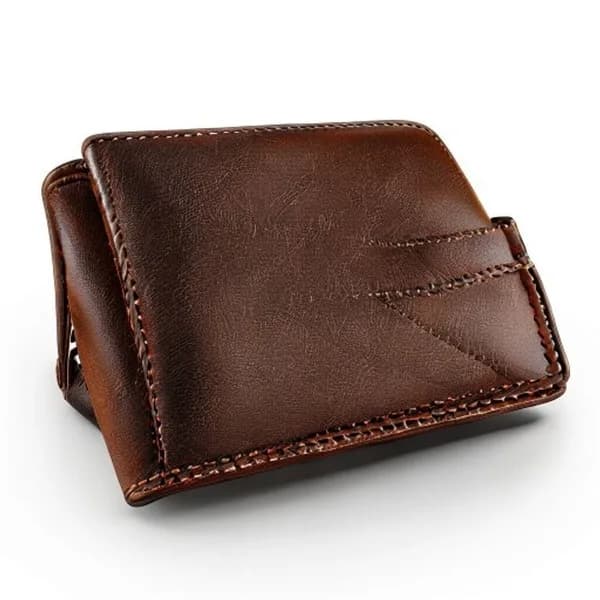 Hyper-Realistic Close-Up Of A Luxury Leather Billfold Wallet, Rich Dark Brown Gr