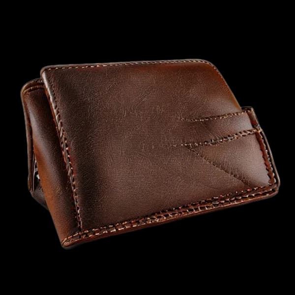 Hyper-Realistic Close-Up Of A Luxury Leather Billfold Wallet, Rich Dark Brown Gr