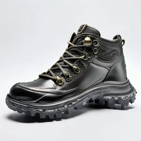Primer Plano Hiperrealista de Bota de Senderismo de Cuero Premium