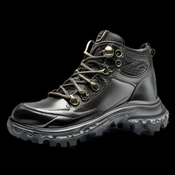 Hyper-Realistic Close-Up Of A Premium Leather Hiking Boot, Durable Rubber Treads