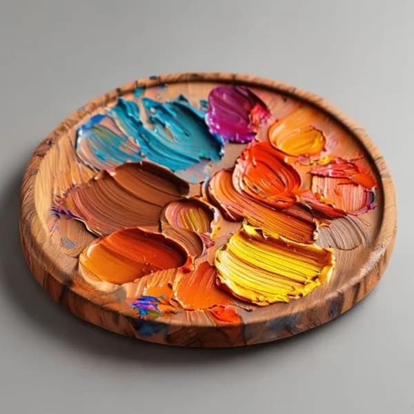 Hyper-Realistic Close-Up Of A Professional Wooden Artist Palette With Thick Text