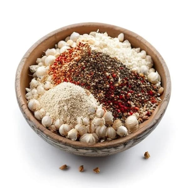 Marketplace Ready Garlic Whole And Powder Display In Bowl With Scattered Spice F